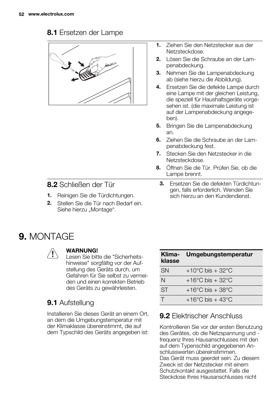Montage, 1 ersetzen der lampe, 2 schließen der tür | 1 aufstellung, 2 elektrischer anschluss | Electrolux ERN1400AEW User Manual | Page 52 / 60