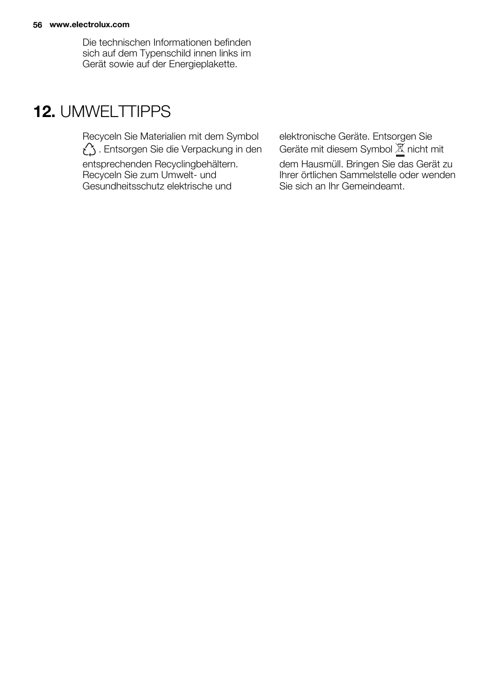 Umwelttipps | Electrolux ERN1400AEW User Manual | Page 56 / 60