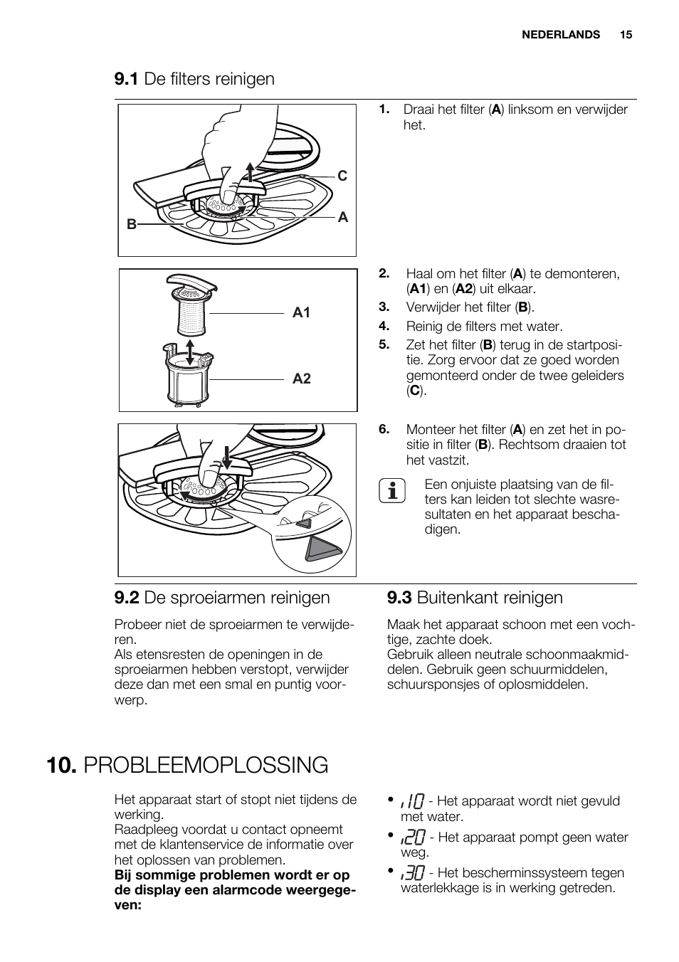 Probleemoplossing, 1 de filters reinigen, 2 de sproeiarmen reinigen | 3 buitenkant reinigen | Electrolux ESL4560RA User Manual | Page 15 / 72
