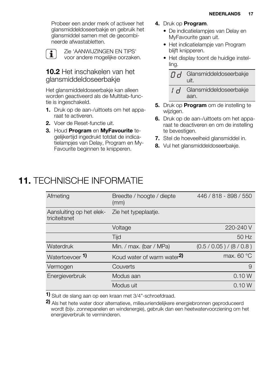 Technische informatie, 2 het inschakelen van het glansmiddeldoseerbakje | Electrolux ESL4560RA User Manual | Page 17 / 72