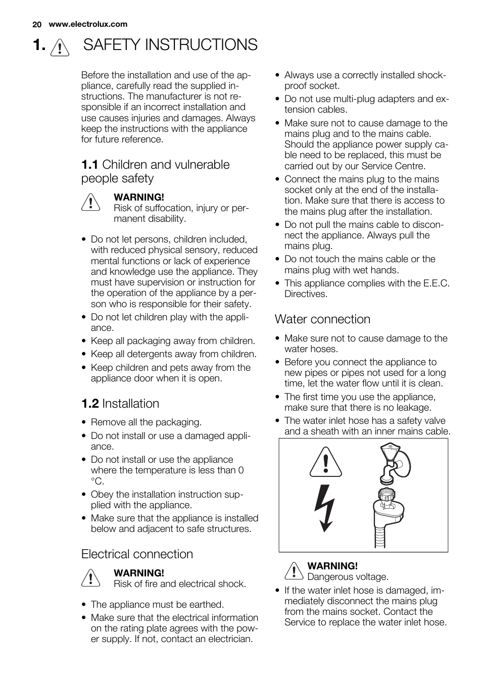 Safety instructions, 1 children and vulnerable people safety, 2 installation | Electrical connection, Water connection | Electrolux ESL4560RA User Manual | Page 20 / 72