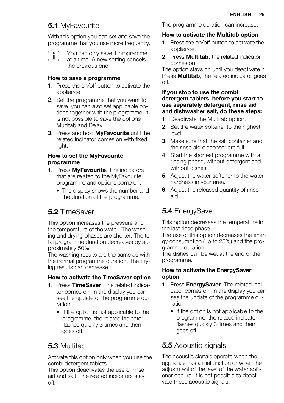 1 myfavourite, 2 timesaver, 3 multitab | 4 energysaver, 5 acoustic signals | Electrolux ESL4560RA User Manual | Page 25 / 72
