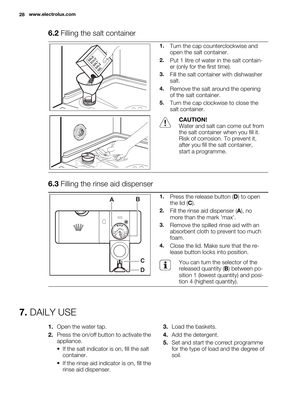 Daily use, 2 filling the salt container, 3 filling the rinse aid dispenser | Electrolux ESL4560RA User Manual | Page 28 / 72