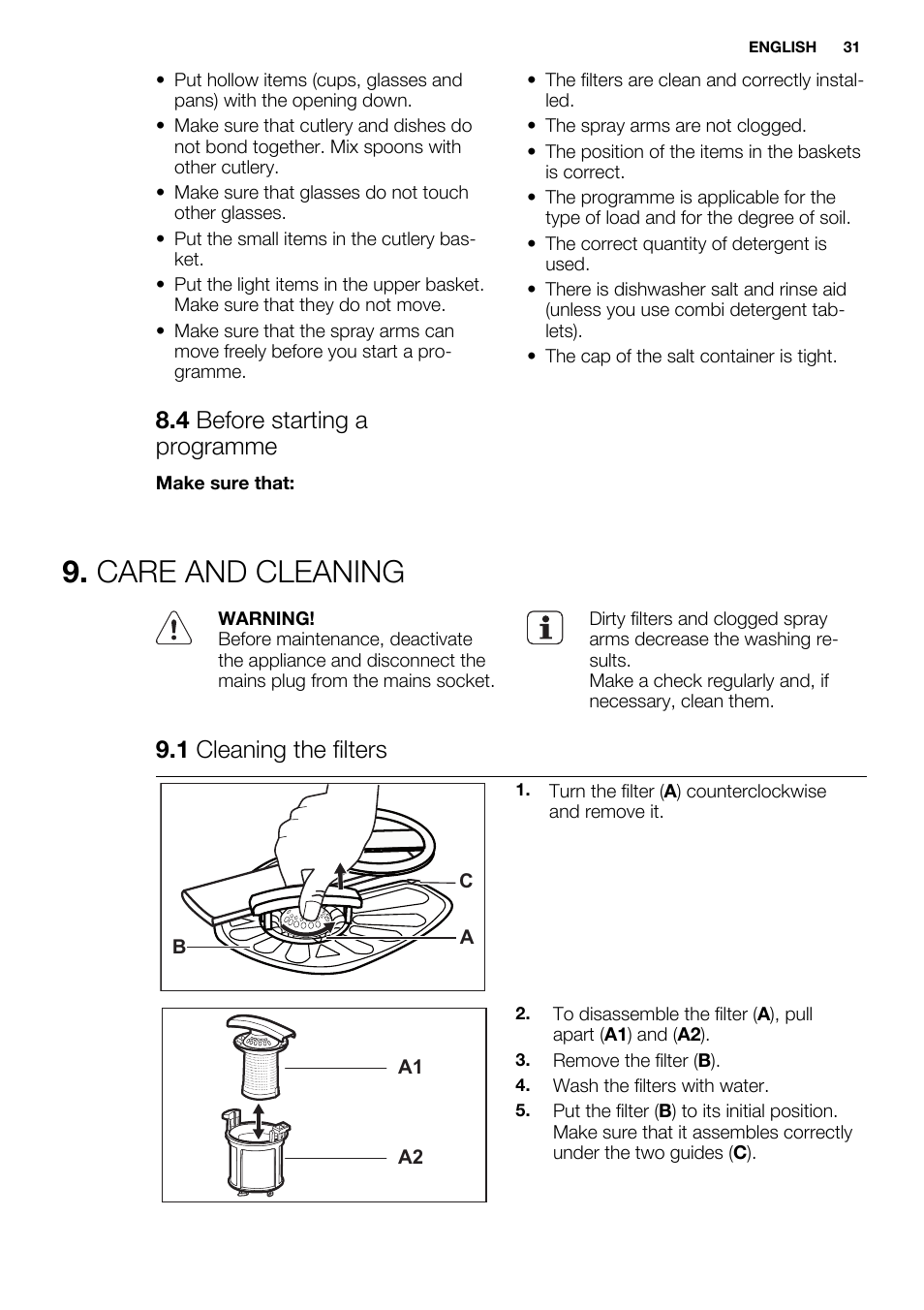 Care and cleaning, 4 before starting a programme, 1 cleaning the filters | Electrolux ESL4560RA User Manual | Page 31 / 72
