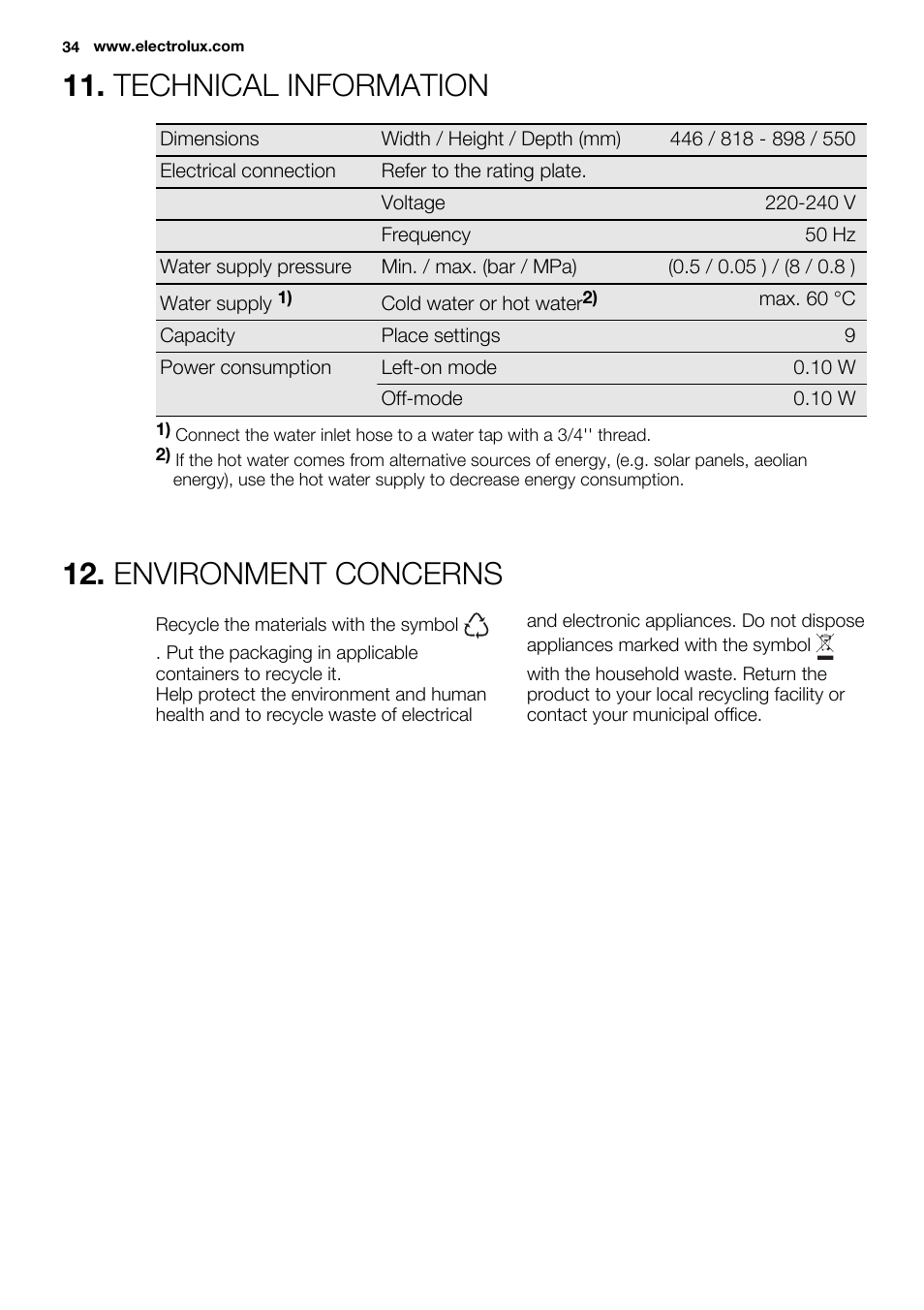 Technical information, Environment concerns | Electrolux ESL4560RA User Manual | Page 34 / 72