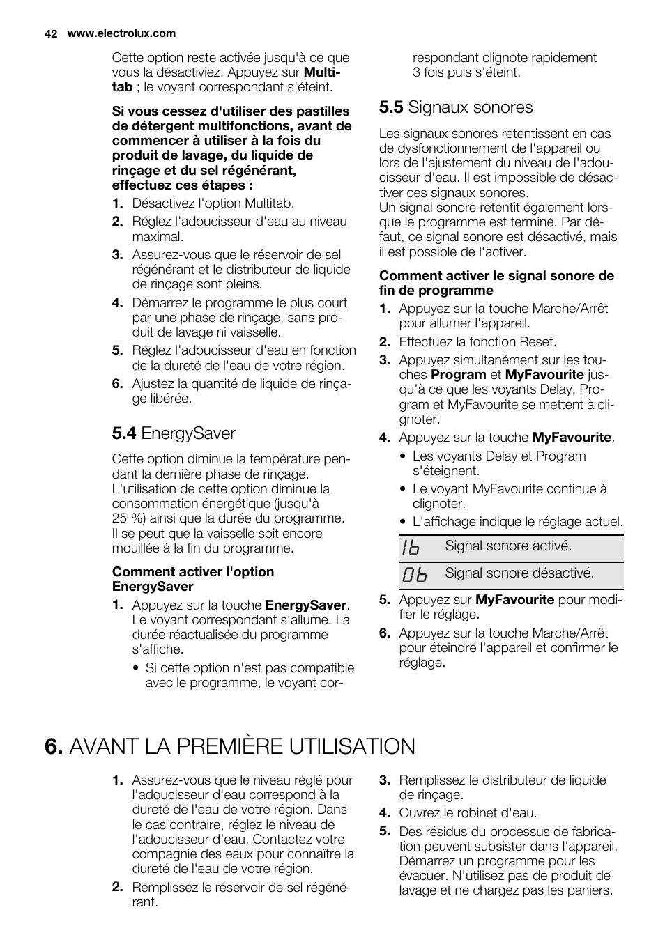 Avant la première utilisation, 4 energysaver, 5 signaux sonores | Electrolux ESL4560RA User Manual | Page 42 / 72