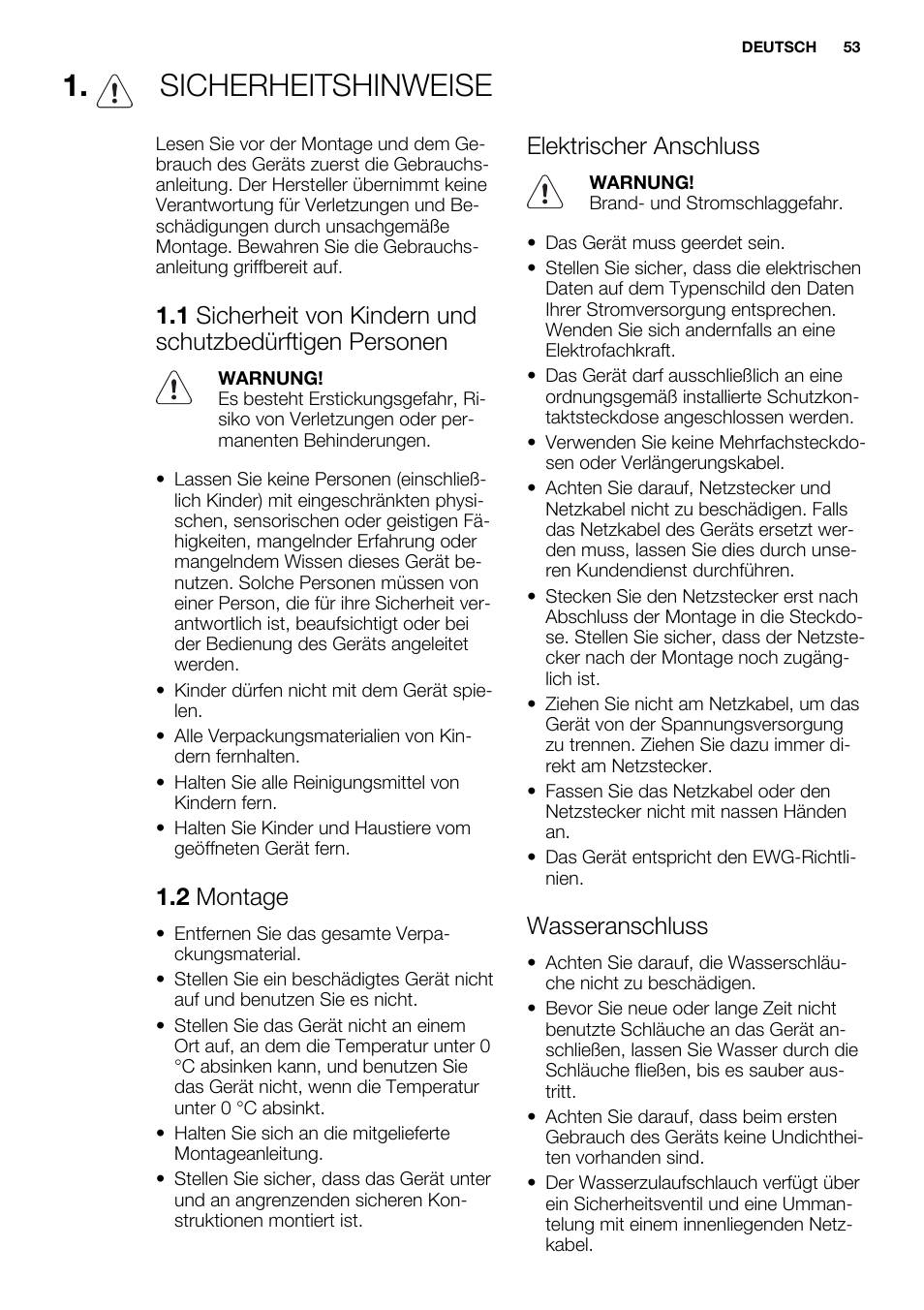 Sicherheitshinweise, 2 montage, Elektrischer anschluss | Wasseranschluss | Electrolux ESL4560RA User Manual | Page 53 / 72