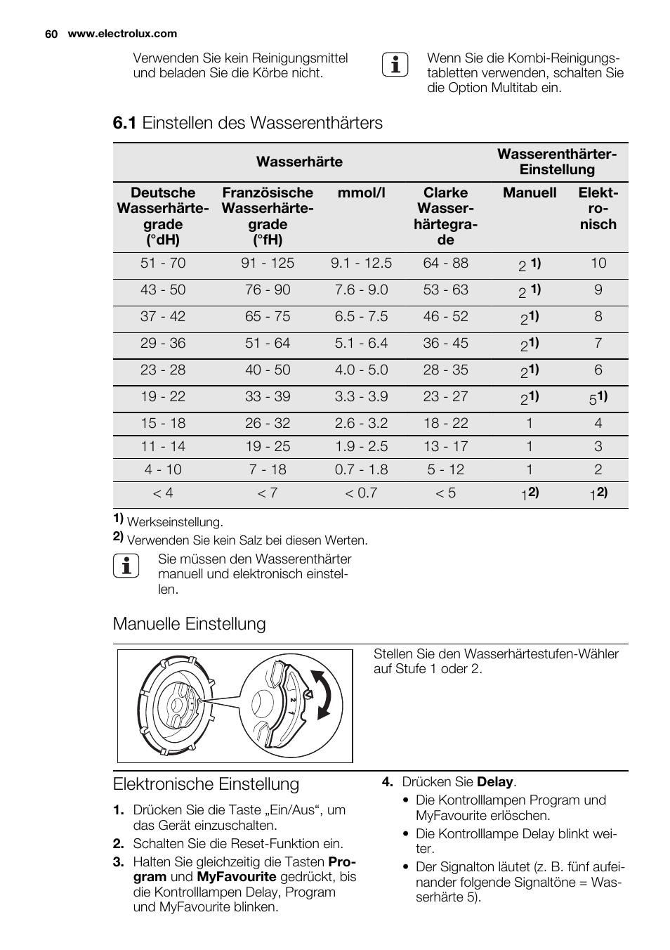1 einstellen des wasserenthärters, Manuelle einstellung, Elektronische einstellung | Electrolux ESL4560RA User Manual | Page 60 / 72