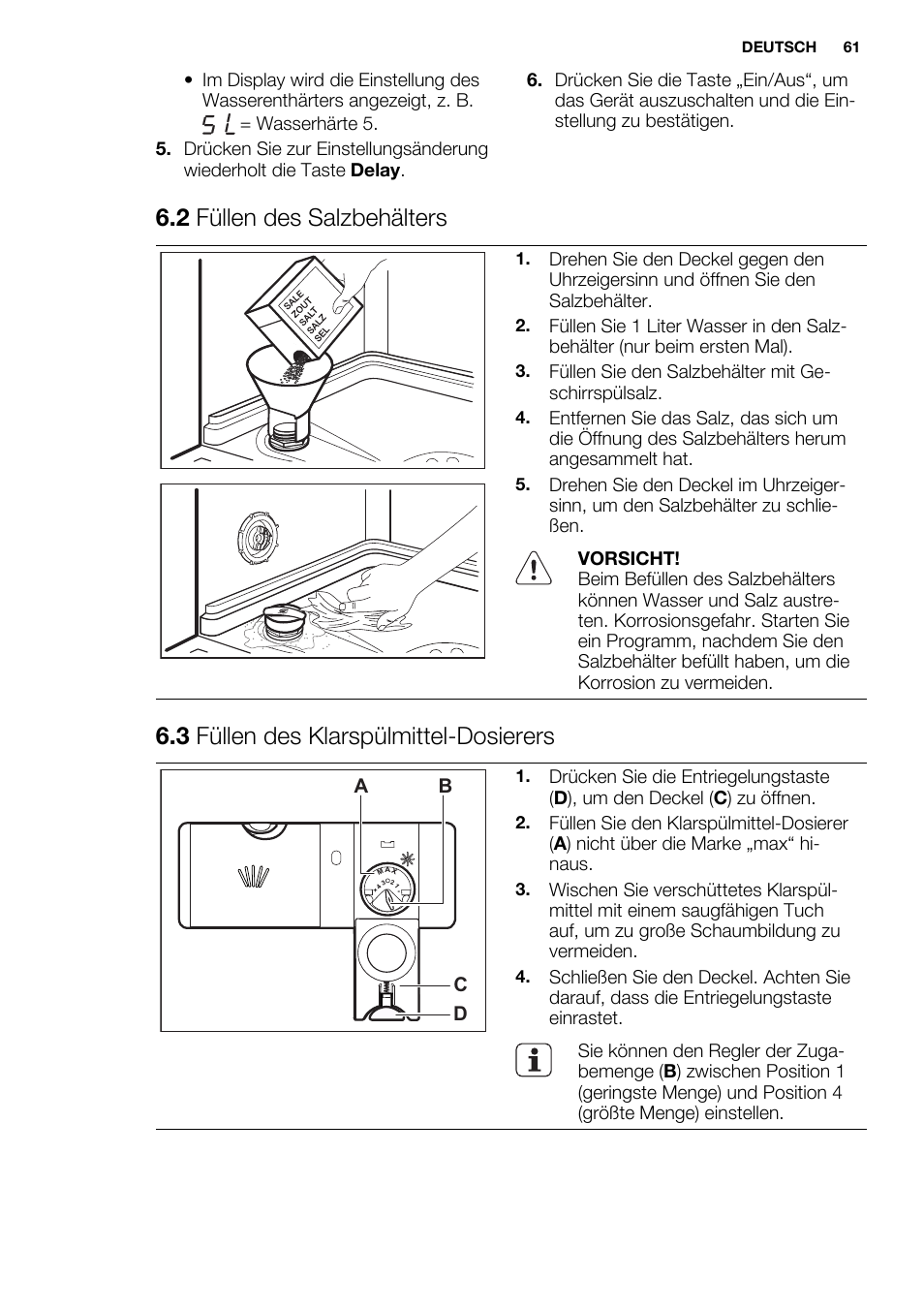 2 füllen des salzbehälters, 3 füllen des klarspülmittel-dosierers | Electrolux ESL4560RA User Manual | Page 61 / 72