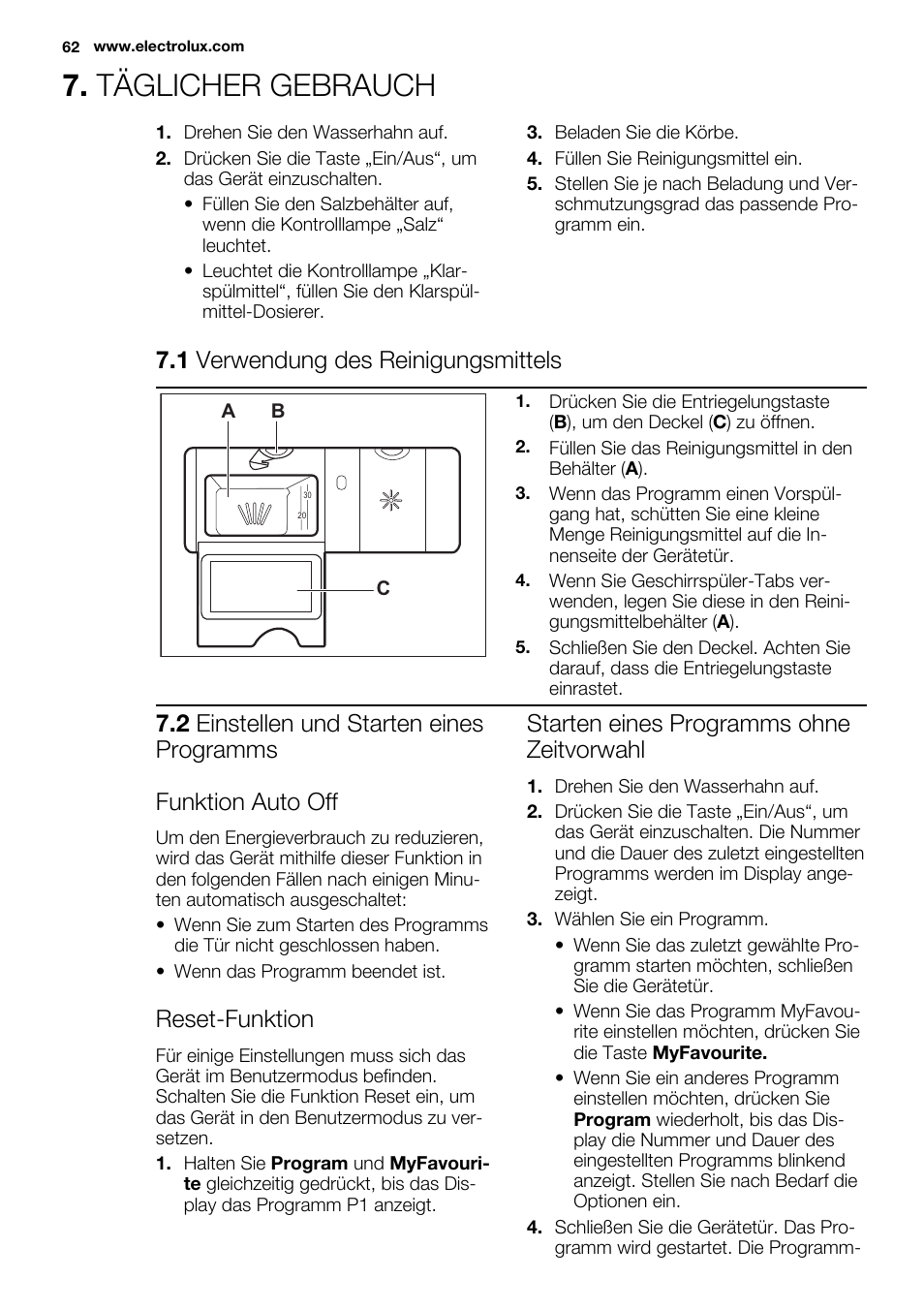 Täglicher gebrauch, 1 verwendung des reinigungsmittels, Reset-funktion | Starten eines programms ohne zeitvorwahl | Electrolux ESL4560RA User Manual | Page 62 / 72