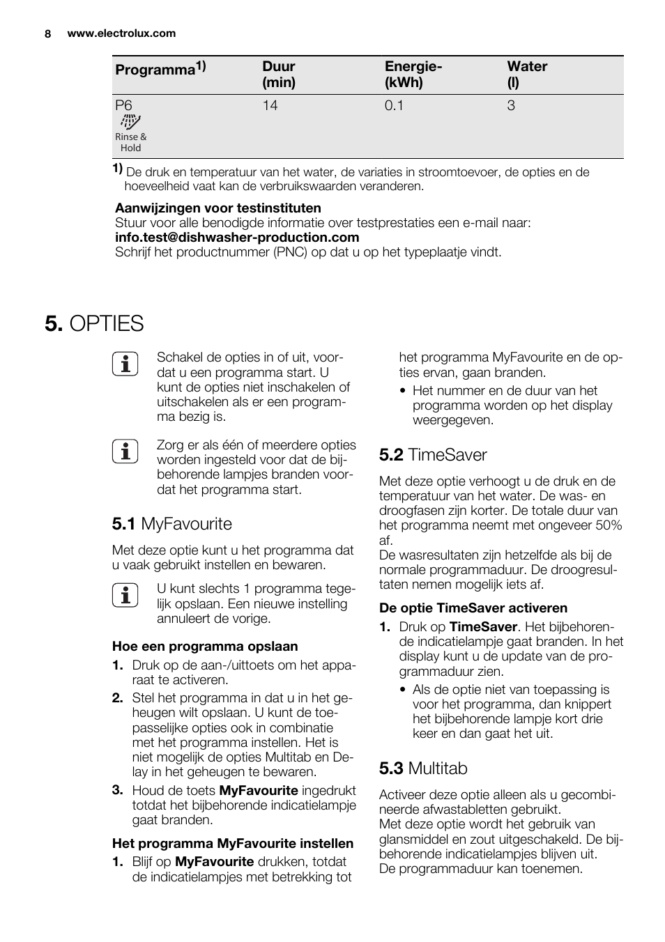 Opties, 1 myfavourite, 2 timesaver | 3 multitab | Electrolux ESL4560RA User Manual | Page 8 / 72