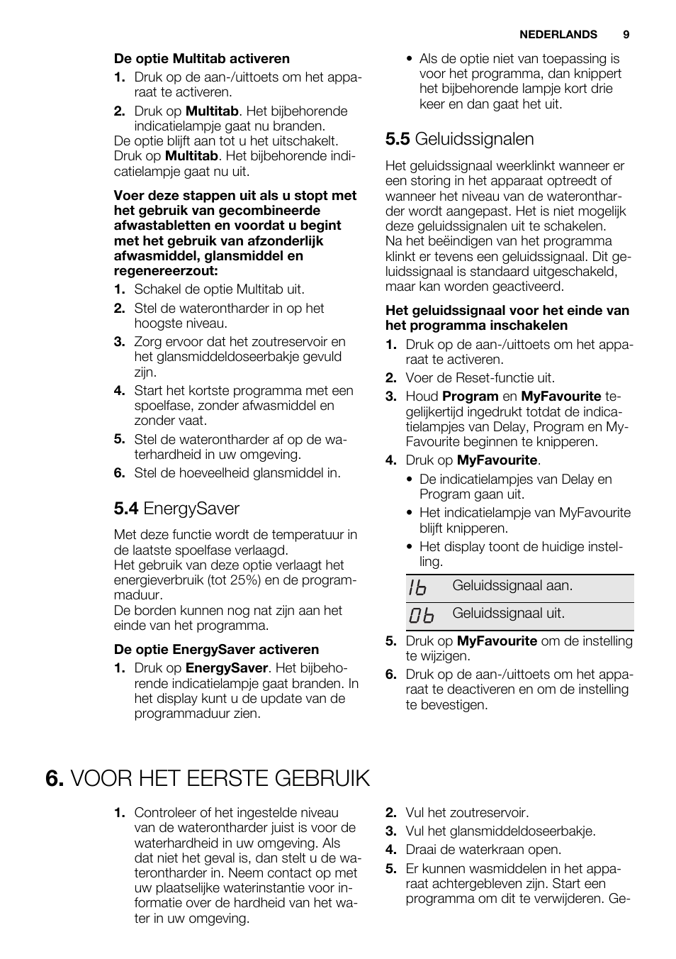 Voor het eerste gebruik, 4 energysaver, 5 geluidssignalen | Electrolux ESL4560RA User Manual | Page 9 / 72