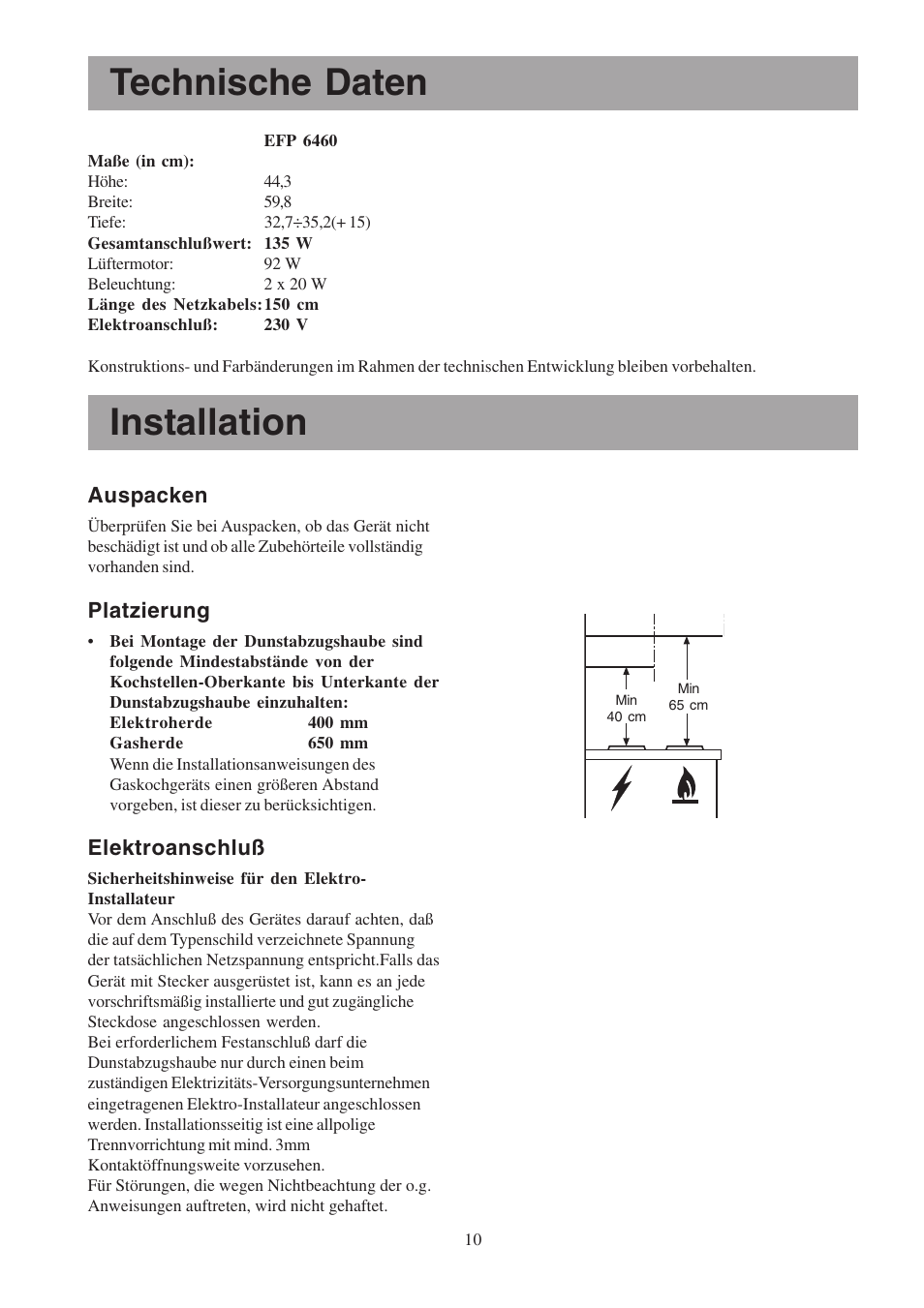 Installation, Technische daten, Auspacken | Platzierung, Elektroanschluß | Electrolux EFP6460X User Manual | Page 10 / 80