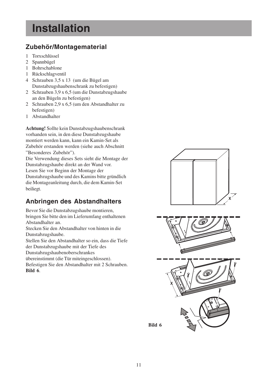 Installation, Zubehör/montagematerial, Anbringen des abstandhalters | Electrolux EFP6460X User Manual | Page 11 / 80