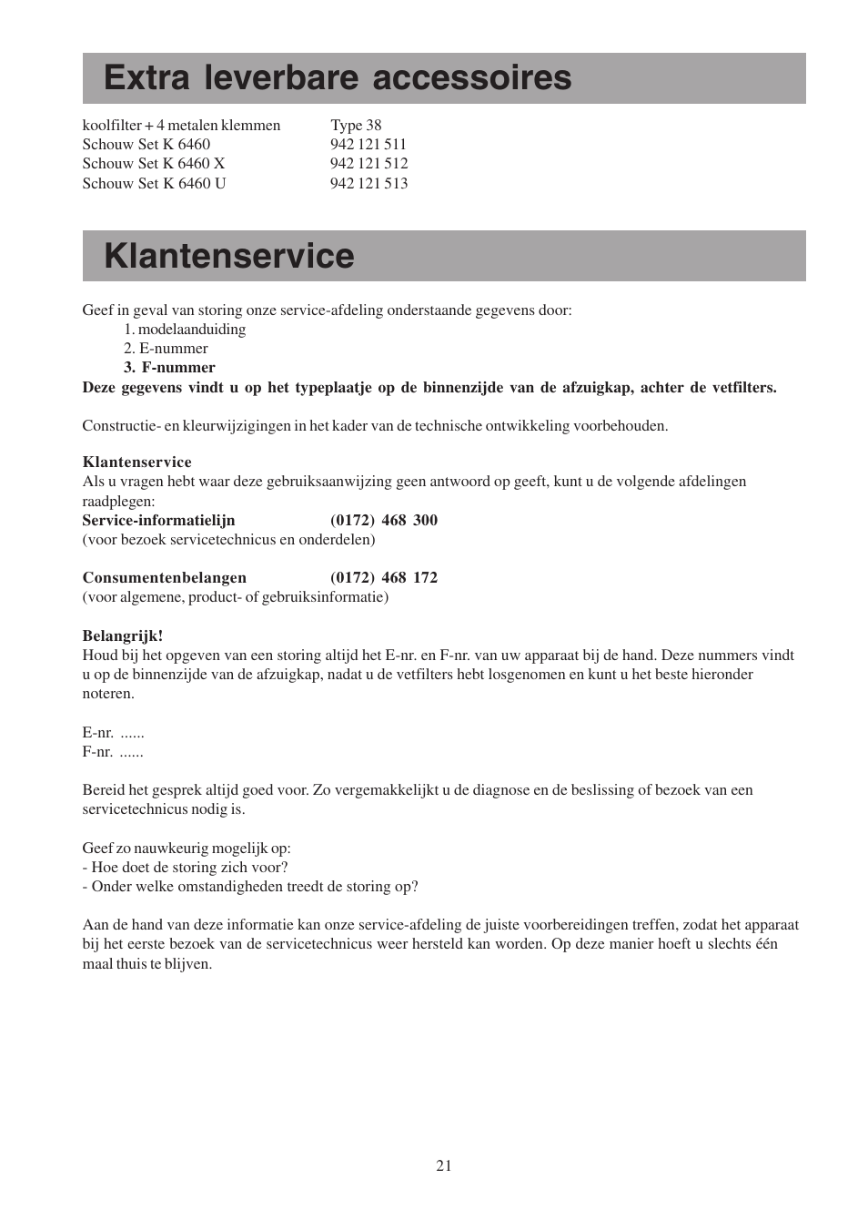 Extra leverbare accessoires, Klantenservice | Electrolux EFP6460X User Manual | Page 21 / 80