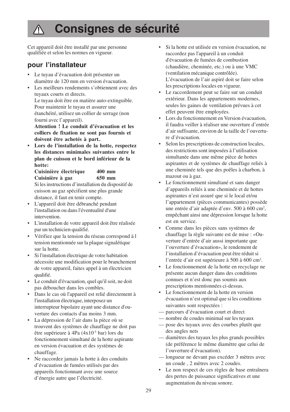 Consignes de sécurité, Pour l’installateur | Electrolux EFP6460X User Manual | Page 29 / 80