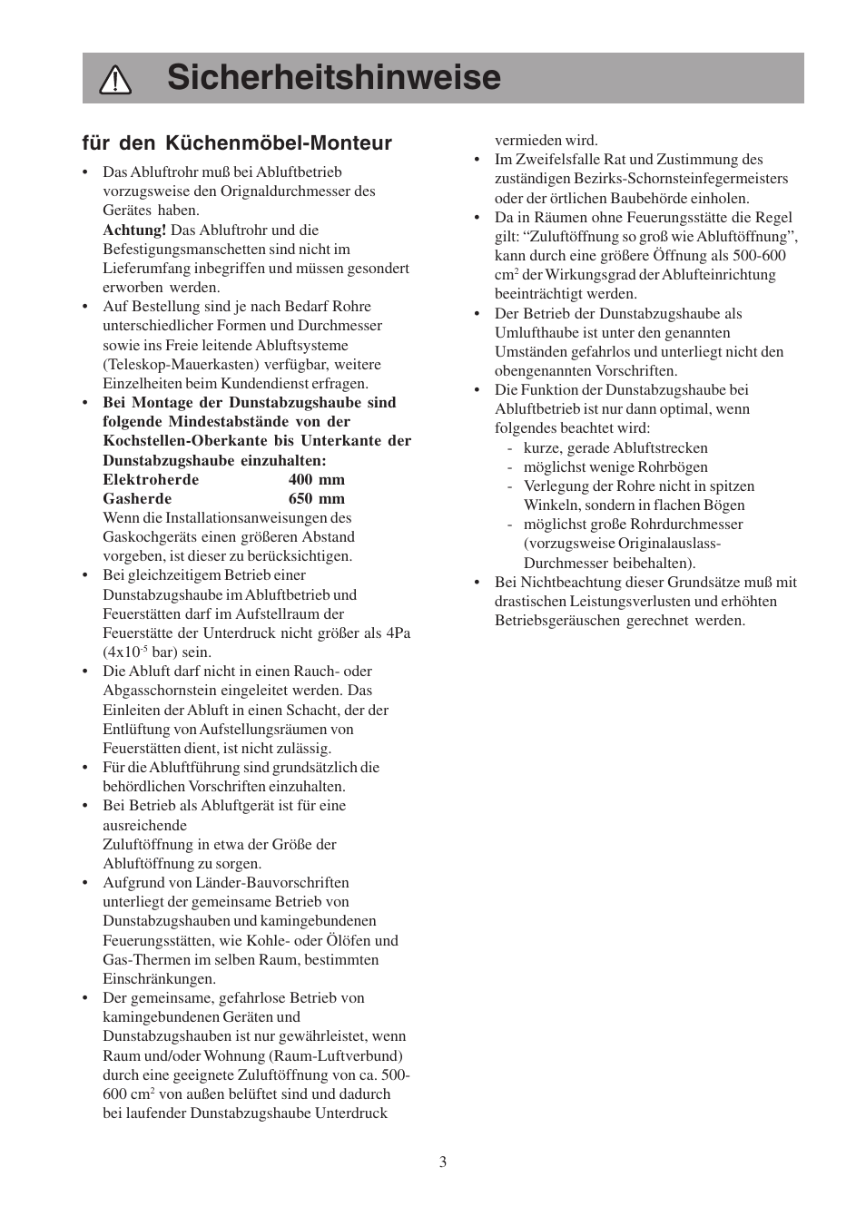 Sicherheitshinweise, Für den küchenmöbel-monteur | Electrolux EFP6460X User Manual | Page 3 / 80