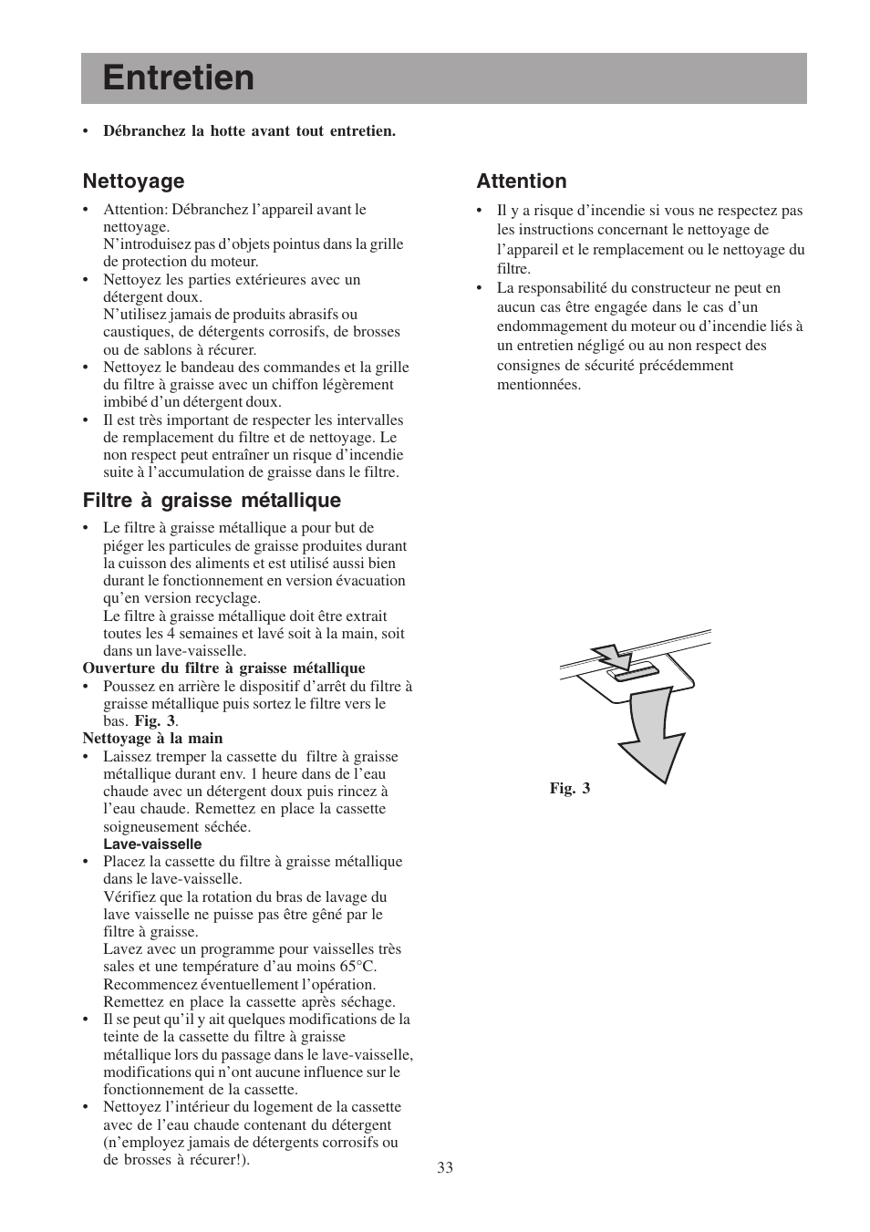 Entretien, Nettoyage, Filtre à graisse métallique | Attention | Electrolux EFP6460X User Manual | Page 33 / 80