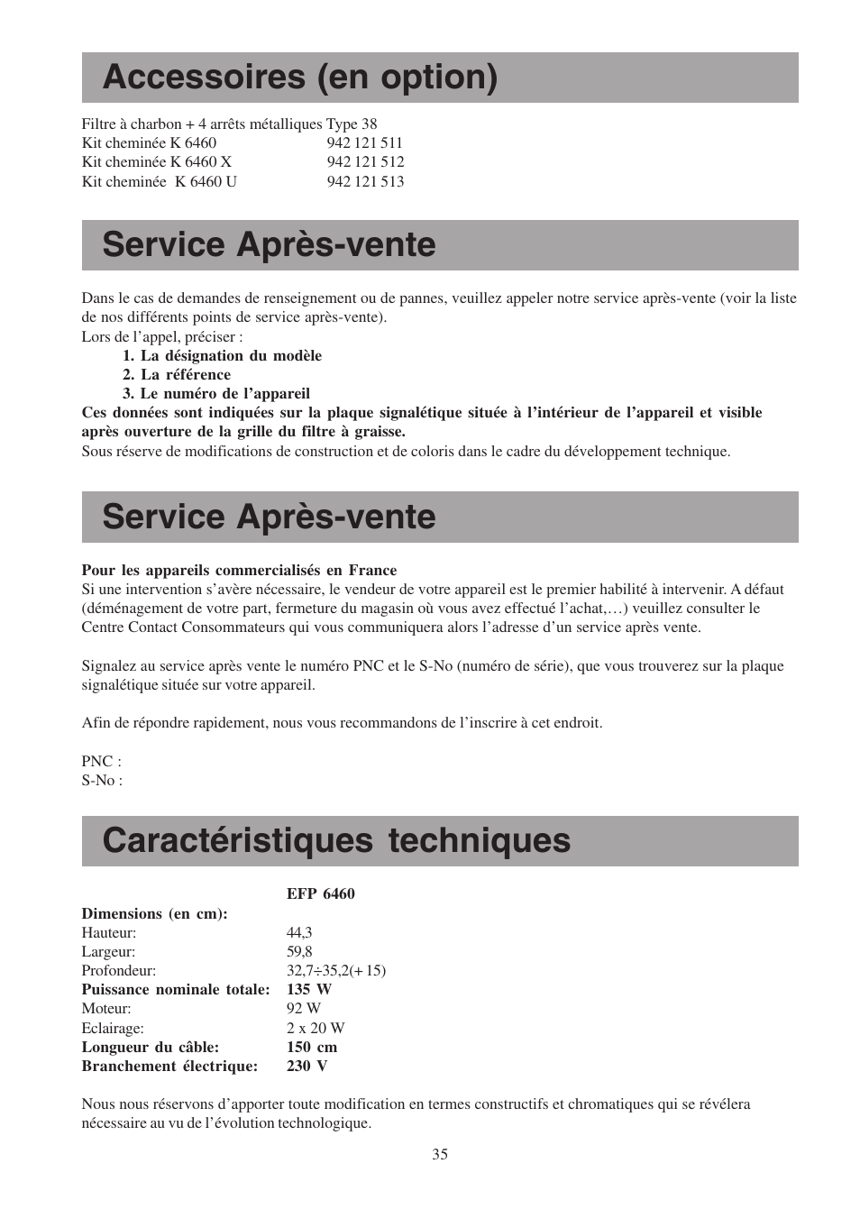 Accessoires (en option), Service après-vente, Caractéristiques techniques | Electrolux EFP6460X User Manual | Page 35 / 80