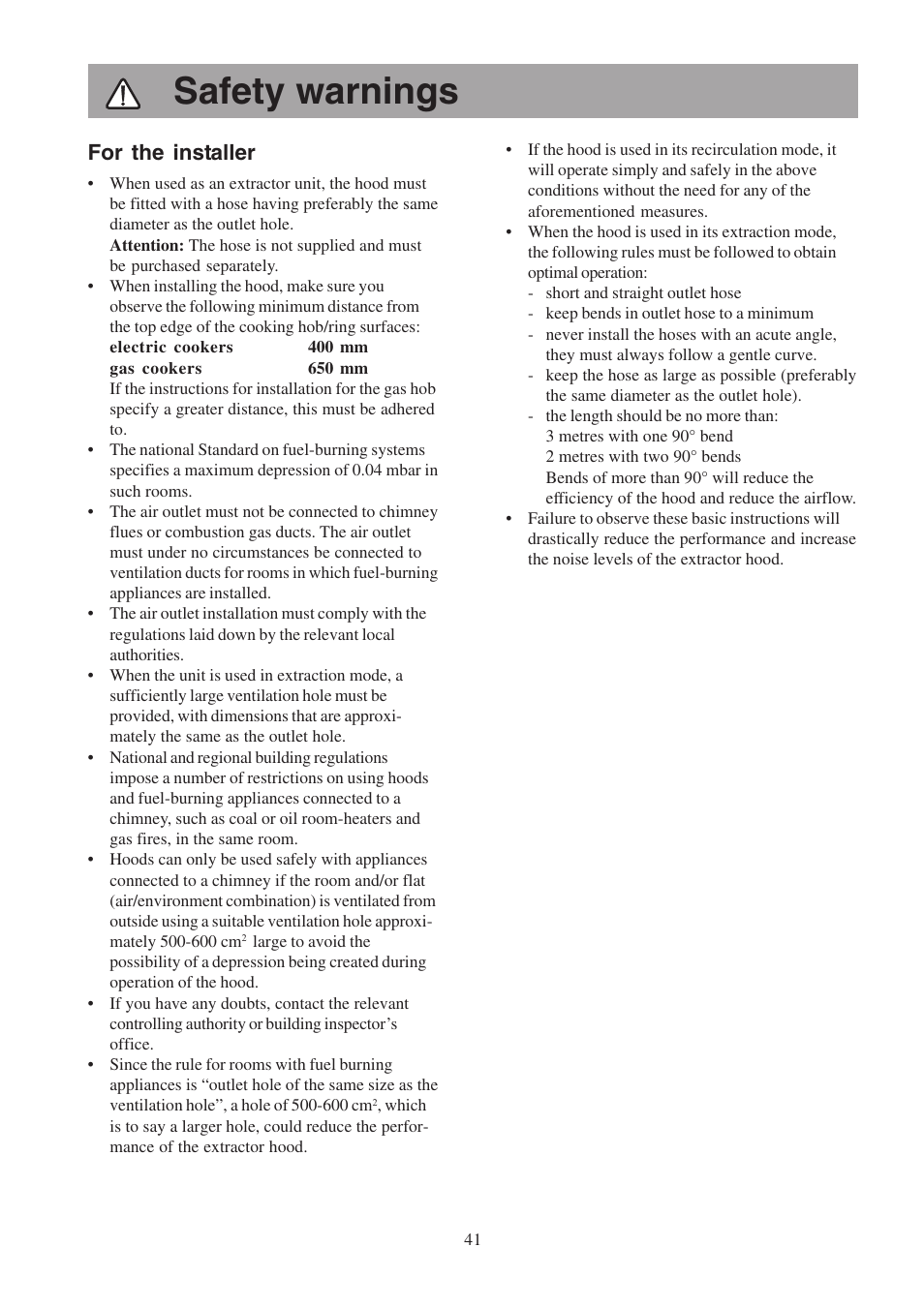 Safety warnings, For the installer | Electrolux EFP6460X User Manual | Page 41 / 80