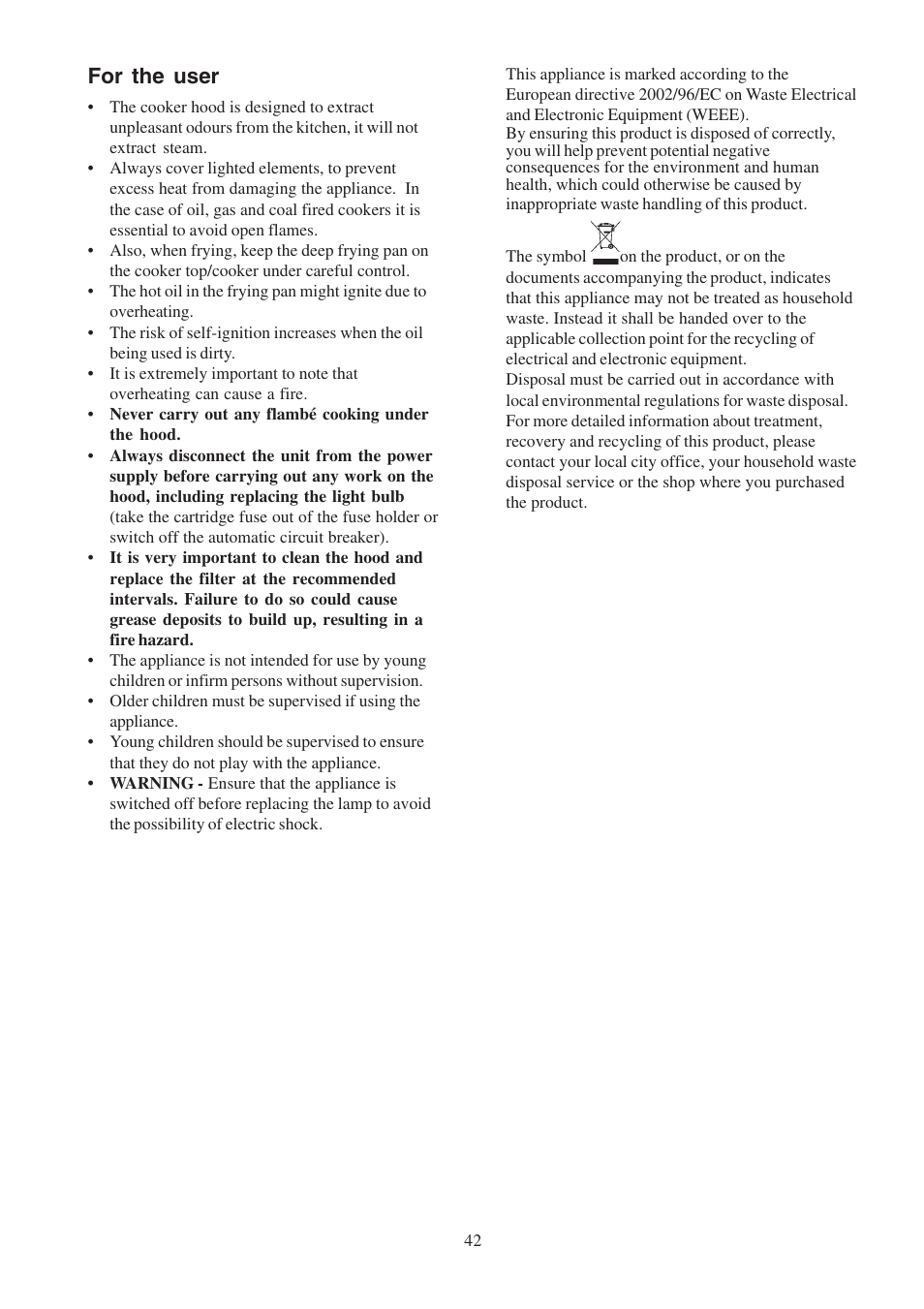 For the user | Electrolux EFP6460X User Manual | Page 42 / 80