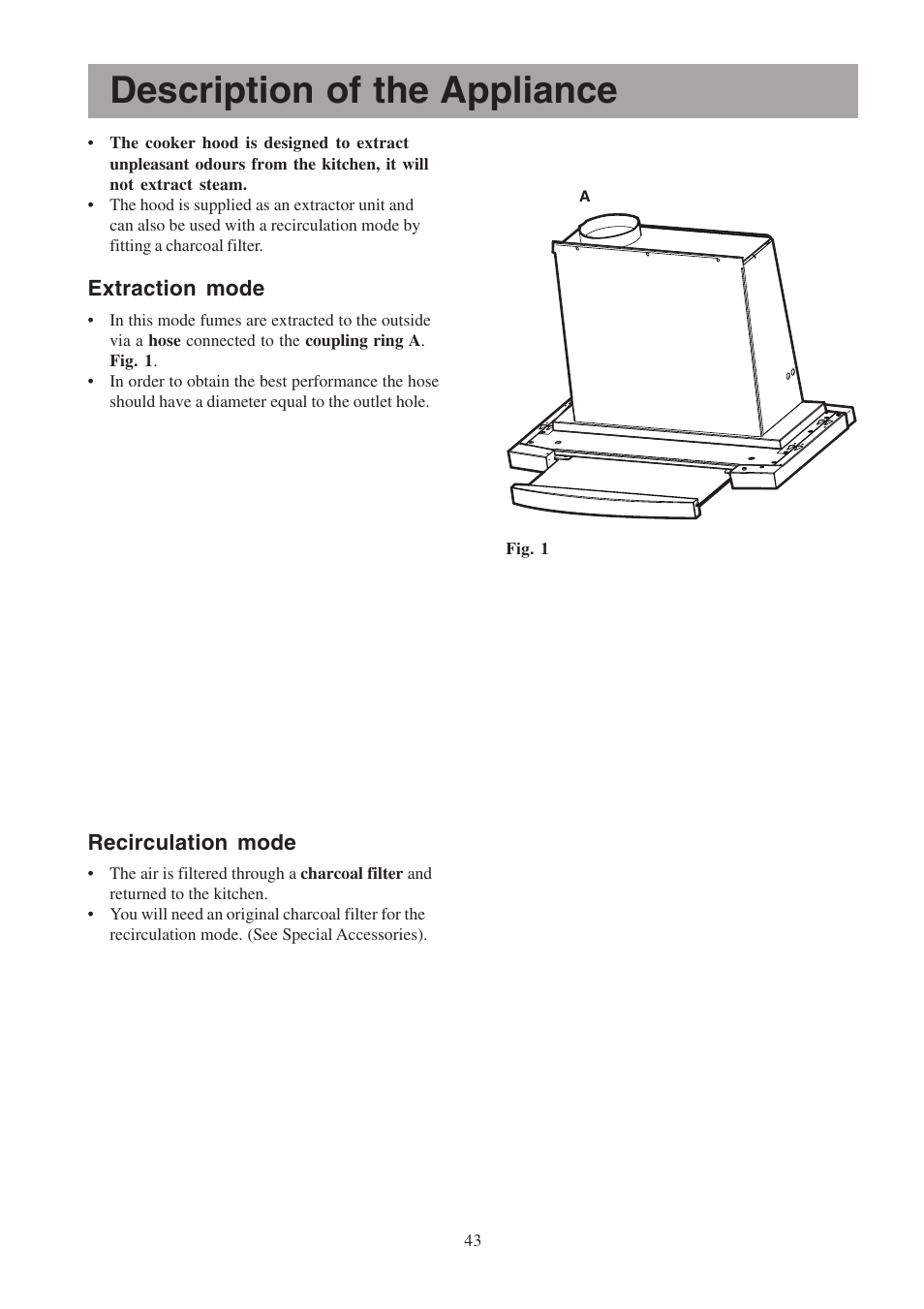 Description of the appliance, Extraction mode, Recirculation mode | Electrolux EFP6460X User Manual | Page 43 / 80