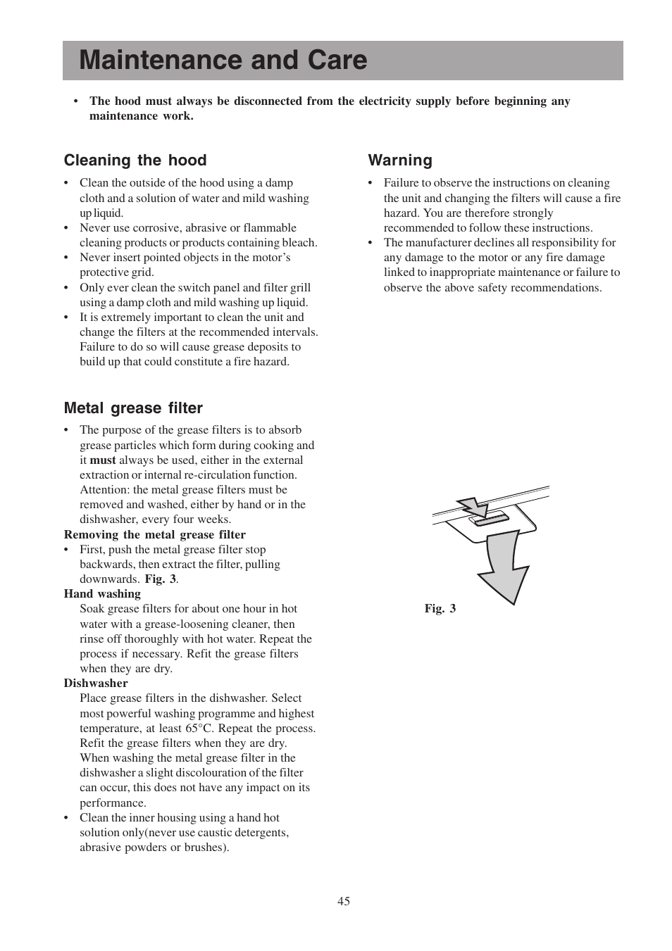 Maintenance and care, Cleaning the hood, Metal grease filter | Warning | Electrolux EFP6460X User Manual | Page 45 / 80