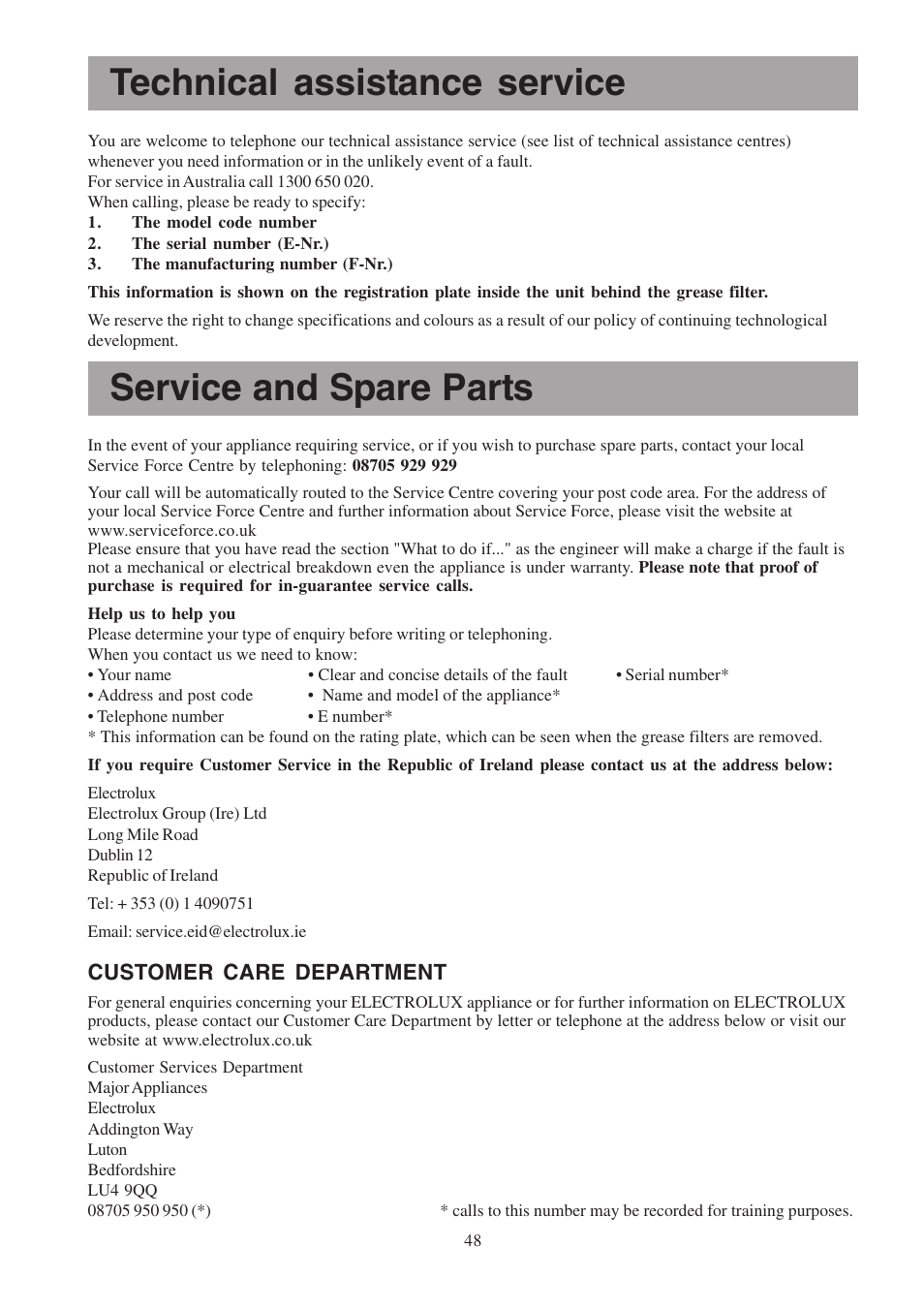 Technical assistance service, Service and spare parts | Electrolux EFP6460X User Manual | Page 48 / 80