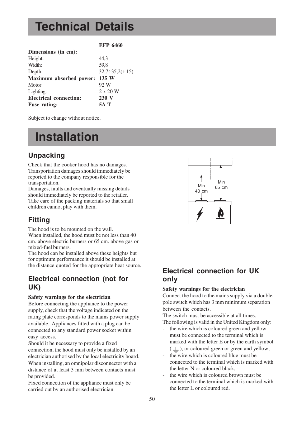 Installation, Technical details, Unpacking | Fitting, Electrical connection (not for uk), Electrical connection for uk only | Electrolux EFP6460X User Manual | Page 50 / 80