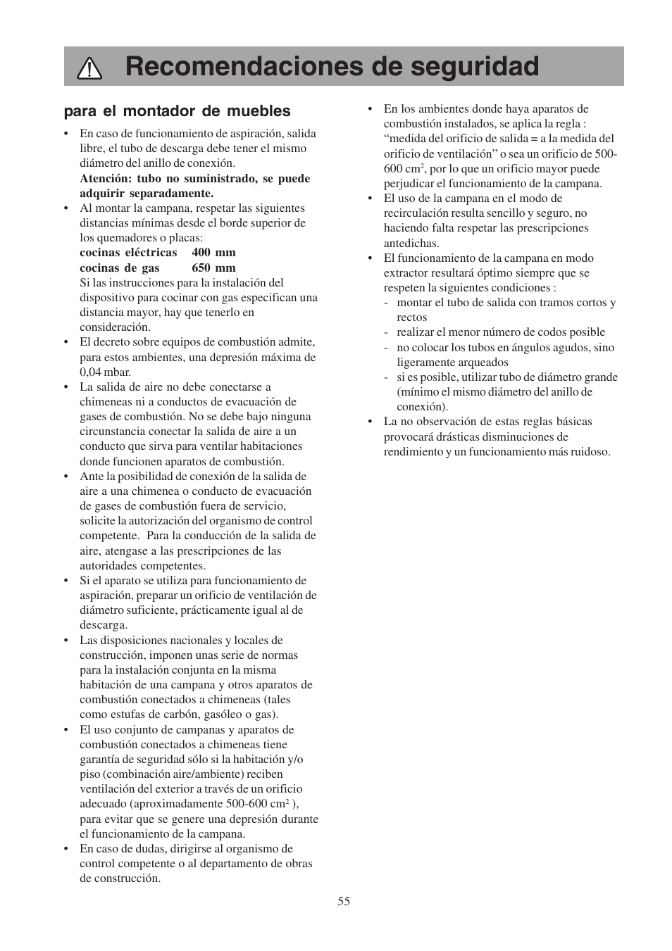 Recomendaciones de seguridad, Para el montador de muebles | Electrolux EFP6460X User Manual | Page 55 / 80