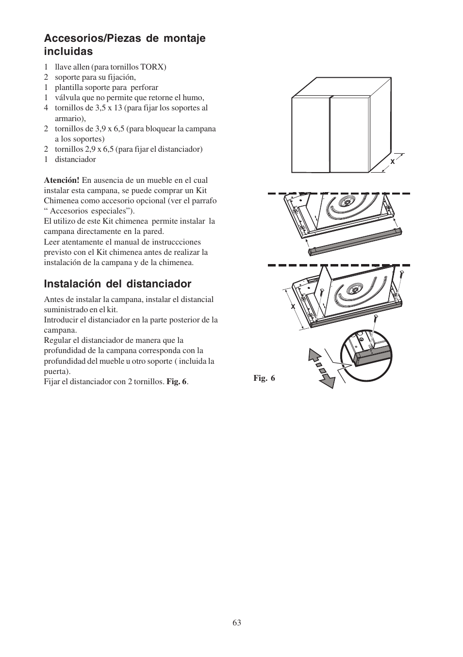 Accesorios/piezas de montaje incluidas, Instalación del distanciador | Electrolux EFP6460X User Manual | Page 63 / 80