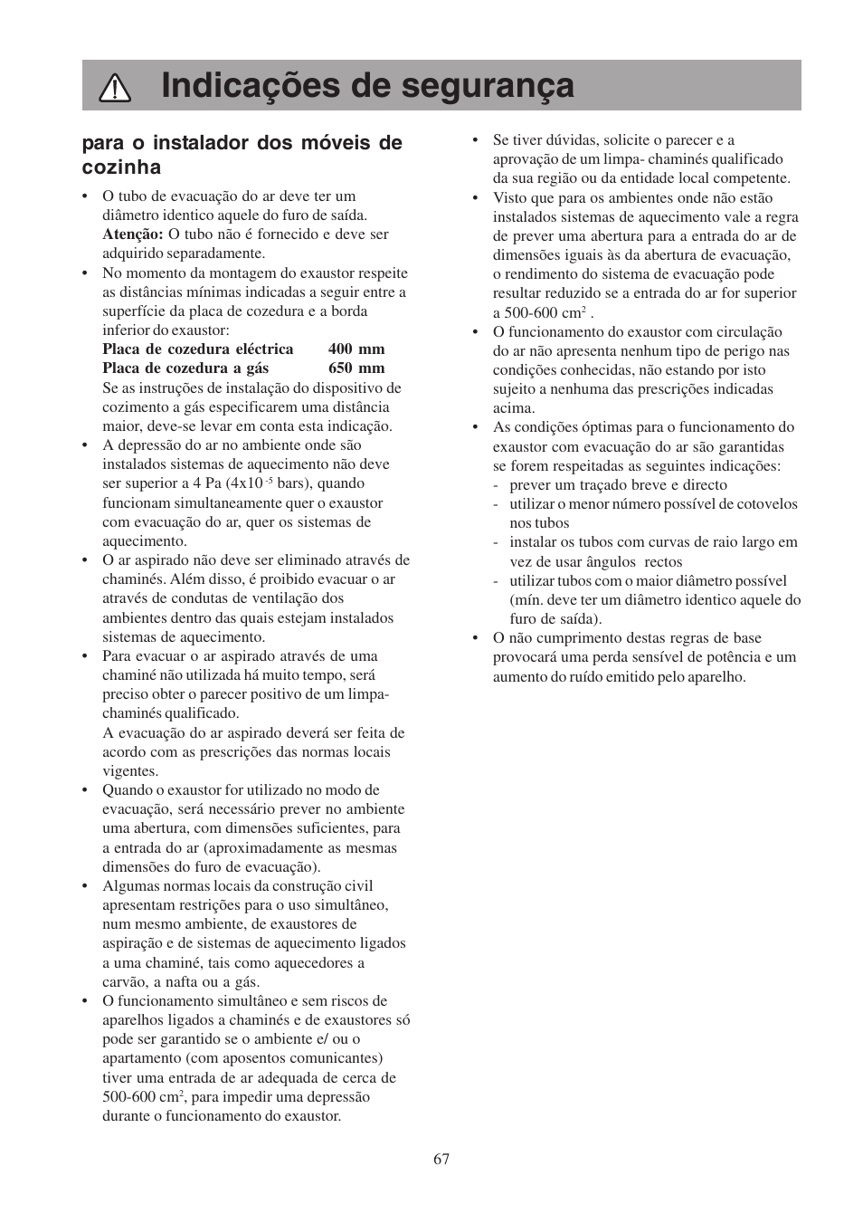 Indicações de segurança, Para o instalador dos móveis de cozinha | Electrolux EFP6460X User Manual | Page 67 / 80