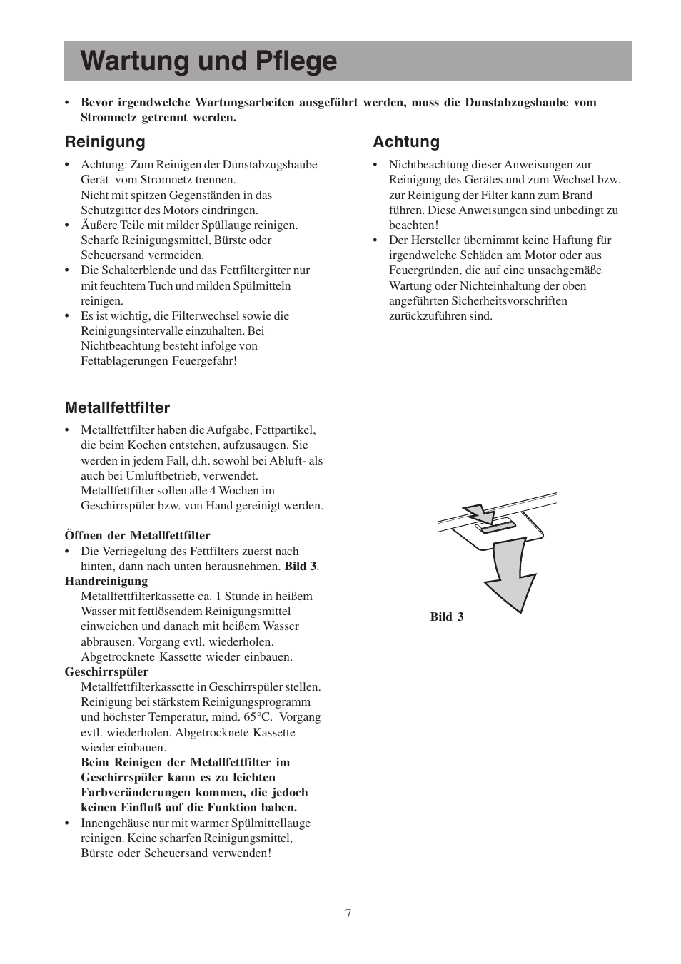 Wartung und pflege, Reinigung, Metallfettfilter | Achtung | Electrolux EFP6460X User Manual | Page 7 / 80