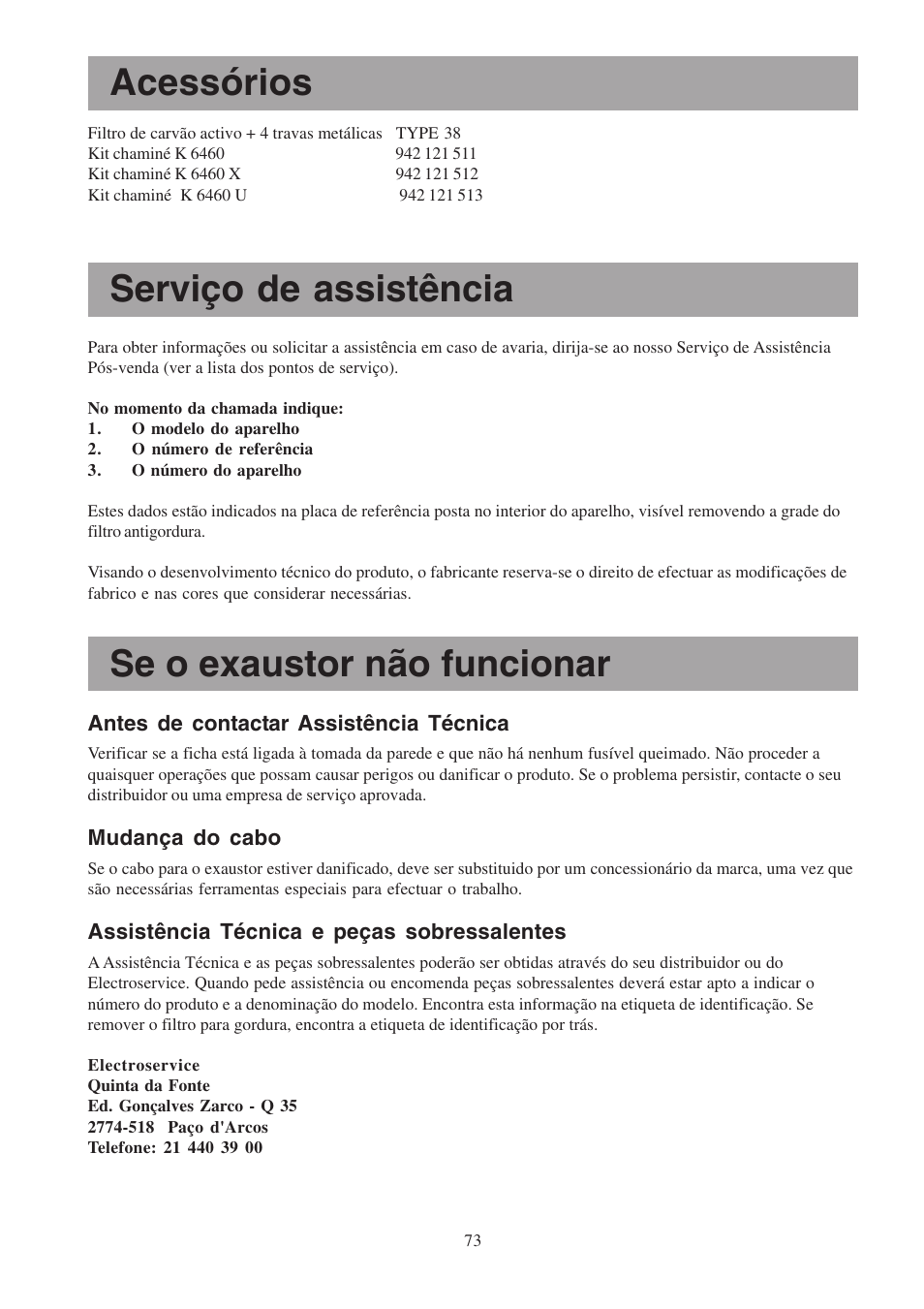 Acessórios, Serviço de assistência, Se o exaustor não funcionar | Electrolux EFP6460X User Manual | Page 73 / 80