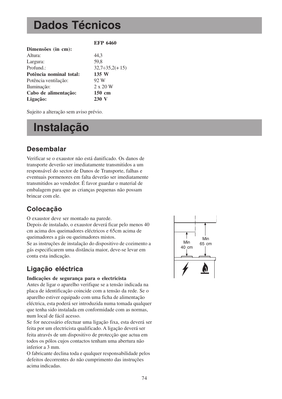 Instalação, Dados técnicos, Desembalar | Colocação, Ligação eléctrica | Electrolux EFP6460X User Manual | Page 74 / 80