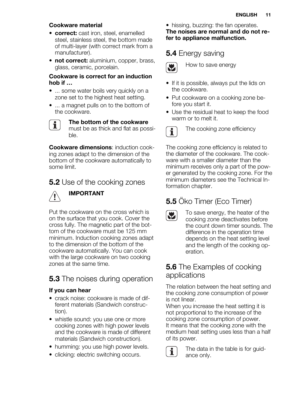 2 use of the cooking zones, 3 the noises during operation, 4 energy saving | 5 öko timer (eco timer), 6 the examples of cooking applications | Electrolux EHI6740FOK User Manual | Page 11 / 72
