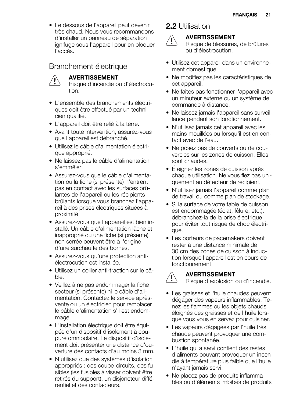 Branchement électrique, 2 utilisation | Electrolux EHI6740FOK User Manual | Page 21 / 72