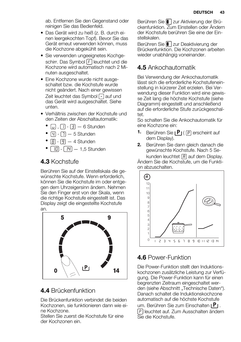 3 kochstufe, 4 brückenfunktion, 5 ankochautomatik | 6 power-funktion | Electrolux EHI6740FOK User Manual | Page 43 / 72