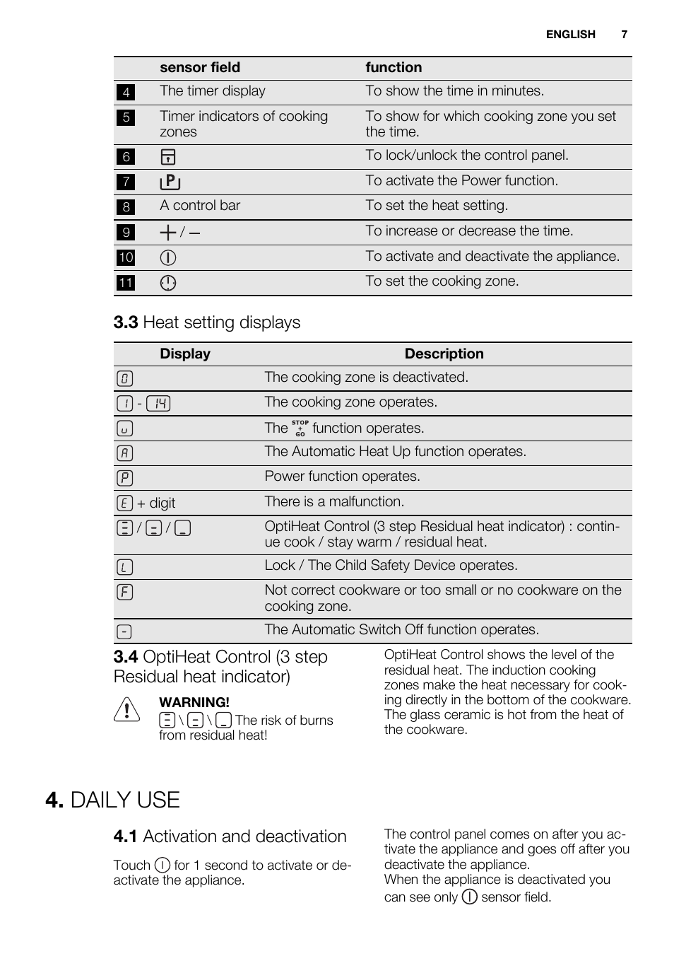 Daily use, 3 heat setting displays, 1 activation and deactivation | Electrolux EHI6740FOK User Manual | Page 7 / 72