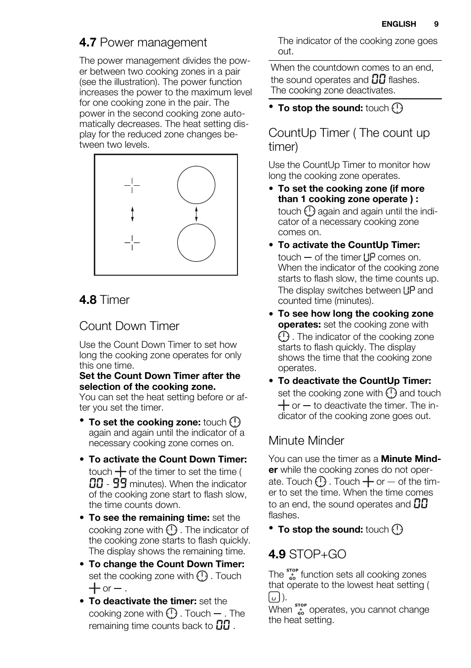 7 power management, 8 timer count down timer, Countup timer ( the count up timer) | Minute minder, 9 stop+go | Electrolux EHI6740FOK User Manual | Page 9 / 72