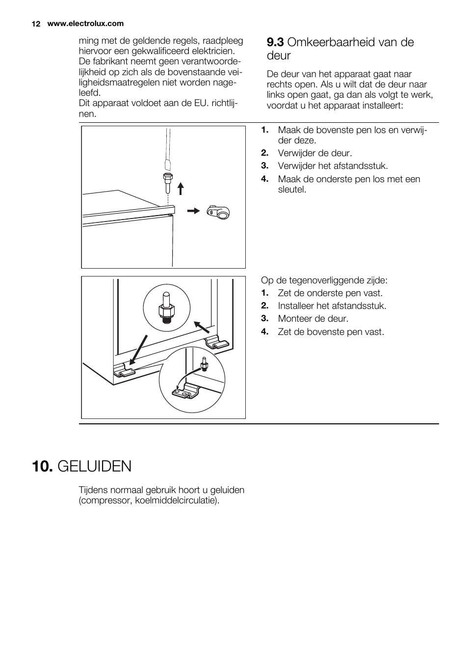 Geluiden, 3 omkeerbaarheid van de deur | Electrolux ERN1501AOW User Manual | Page 12 / 72