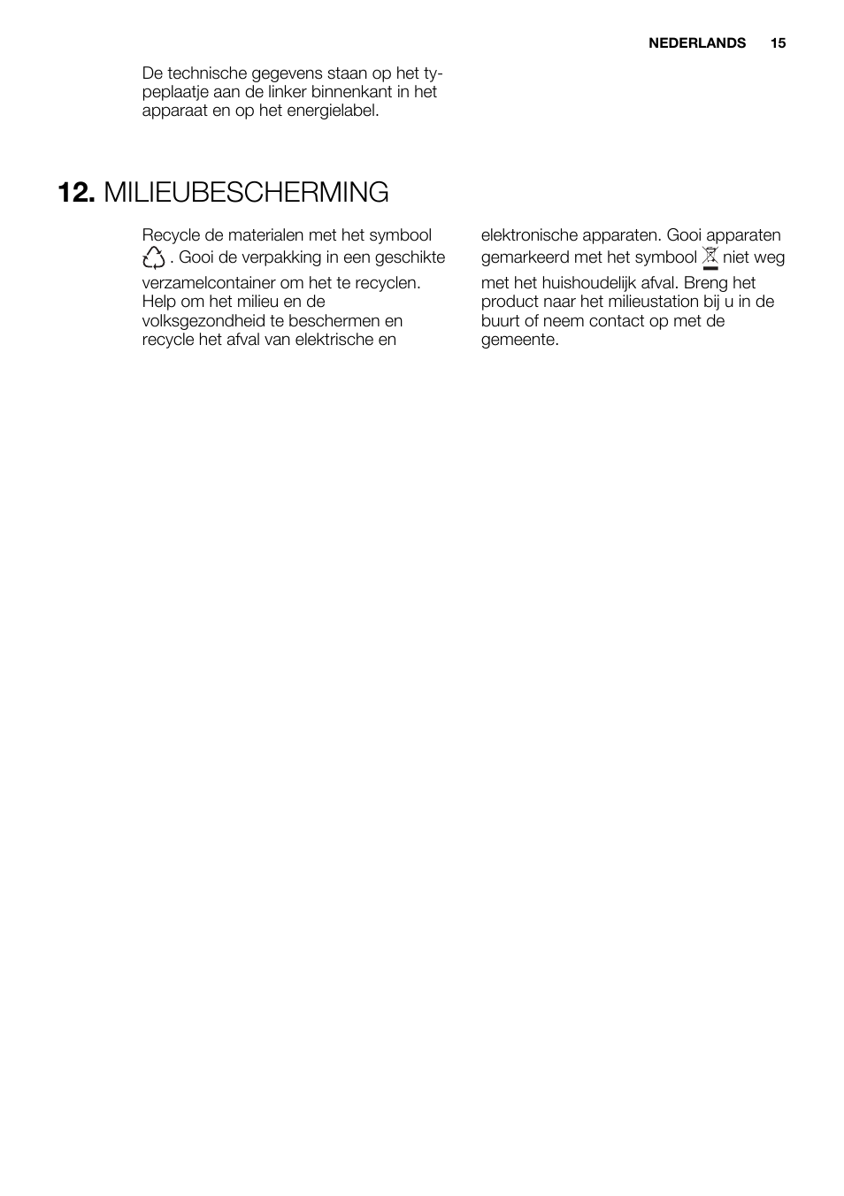 Milieubescherming | Electrolux ERN1501AOW User Manual | Page 15 / 72