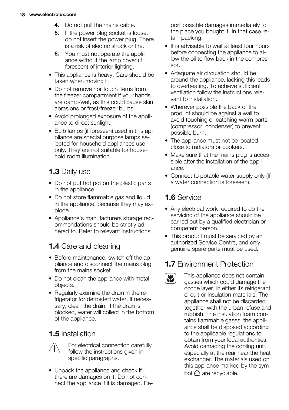 3 daily use, 4 care and cleaning, 5 installation | 6 service, 7 environment protection | Electrolux ERN1501AOW User Manual | Page 18 / 72