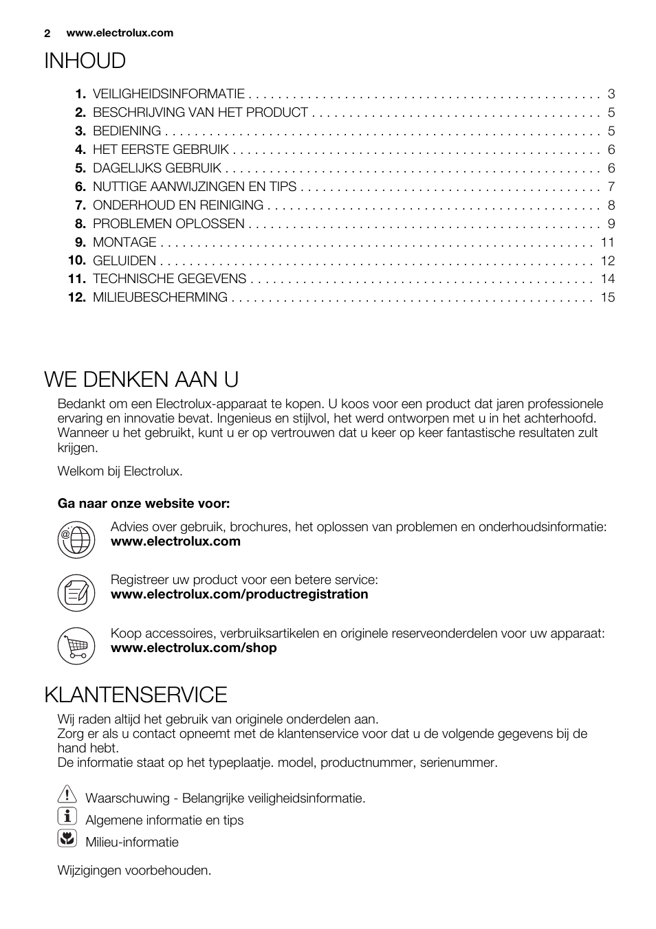 Inhoud, We denken aan u, Klantenservice | Electrolux ERN1501AOW User Manual | Page 2 / 72