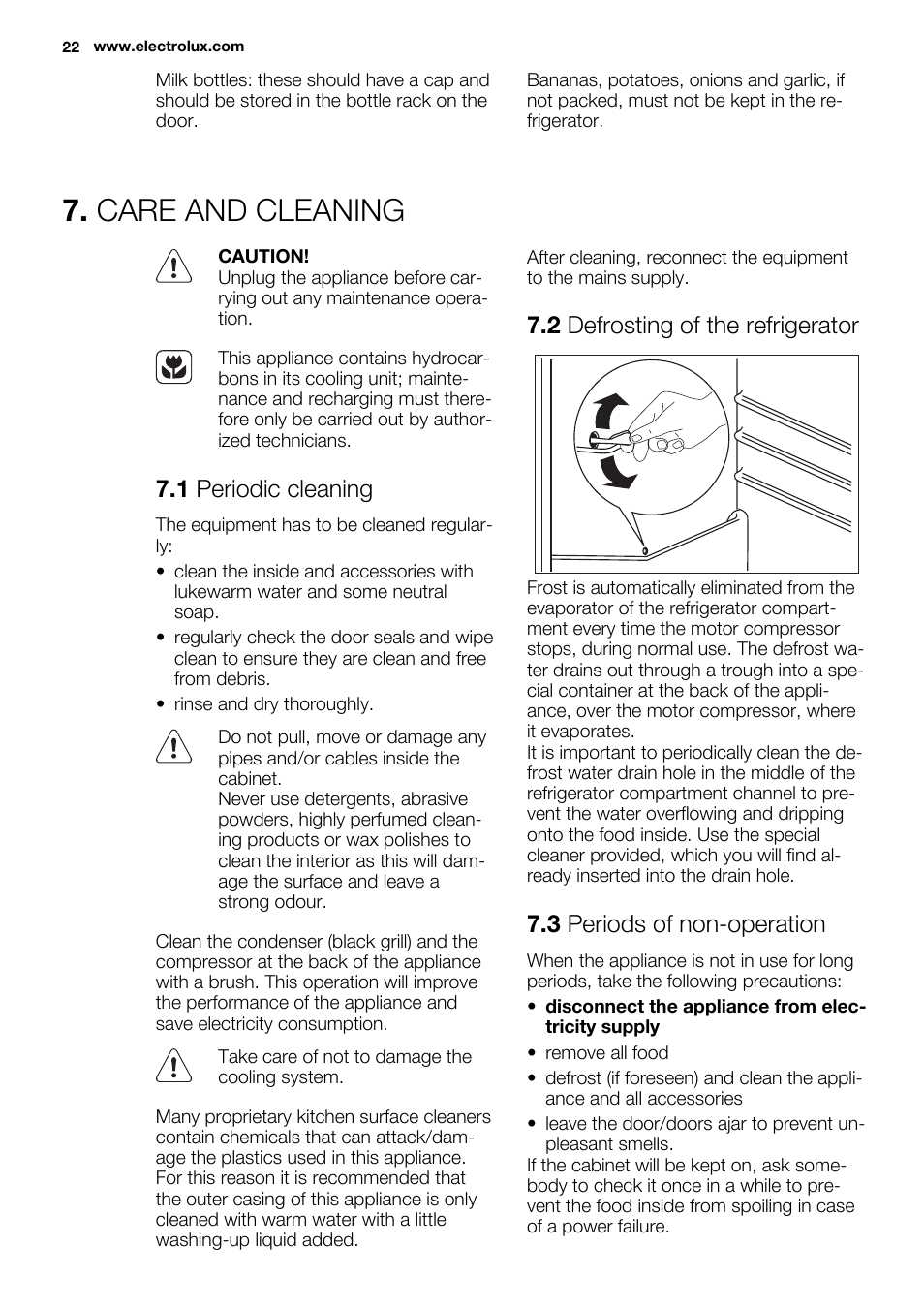 Care and cleaning, 1 periodic cleaning, 2 defrosting of the refrigerator | 3 periods of non-operation | Electrolux ERN1501AOW User Manual | Page 22 / 72