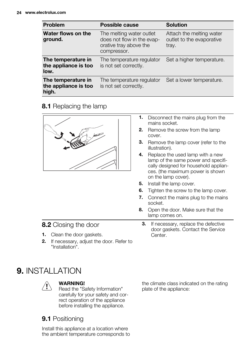 Installation, 1 replacing the lamp, 2 closing the door | 1 positioning | Electrolux ERN1501AOW User Manual | Page 24 / 72