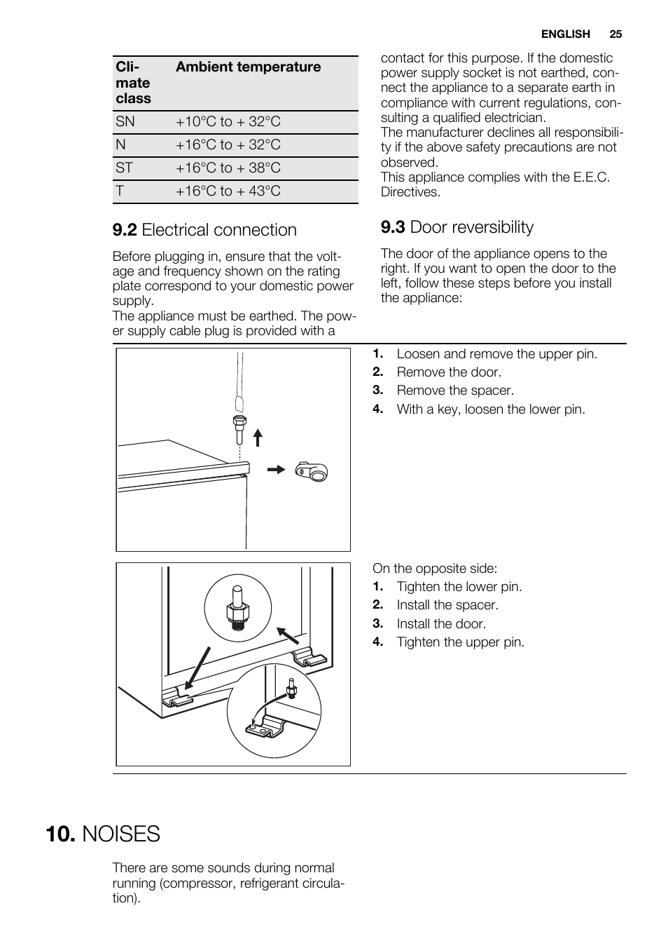 Noises, 2 electrical connection, 3 door reversibility | Electrolux ERN1501AOW User Manual | Page 25 / 72