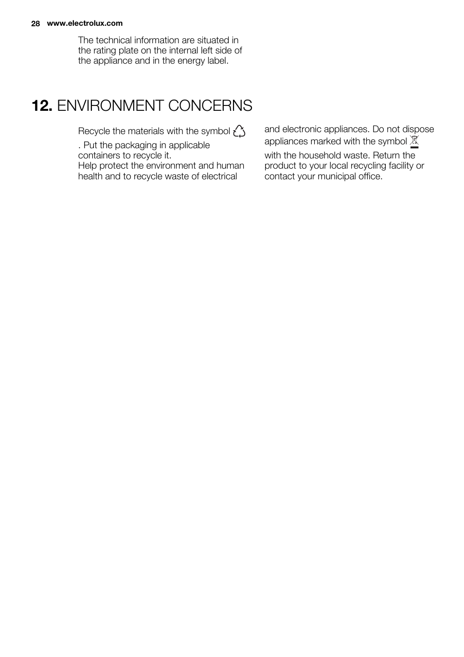 Environment concerns | Electrolux ERN1501AOW User Manual | Page 28 / 72