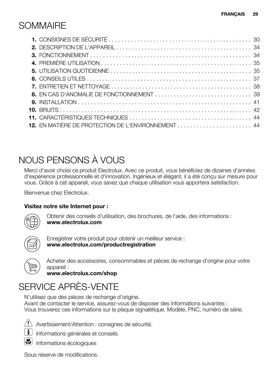 Sommaire, Nous pensons à vous, Service après-vente | Electrolux ERN1501AOW User Manual | Page 29 / 72