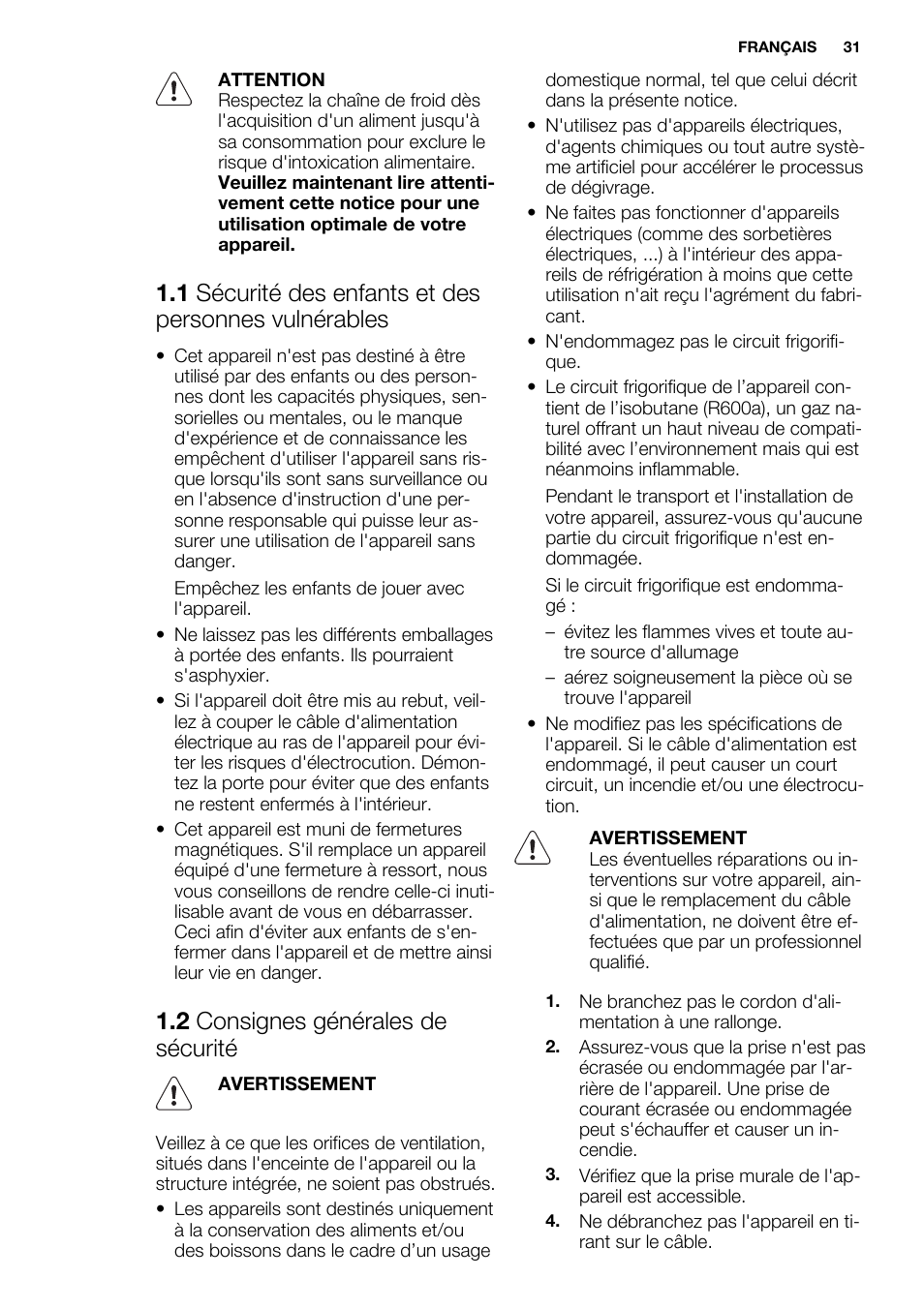 2 consignes générales de sécurité | Electrolux ERN1501AOW User Manual | Page 31 / 72